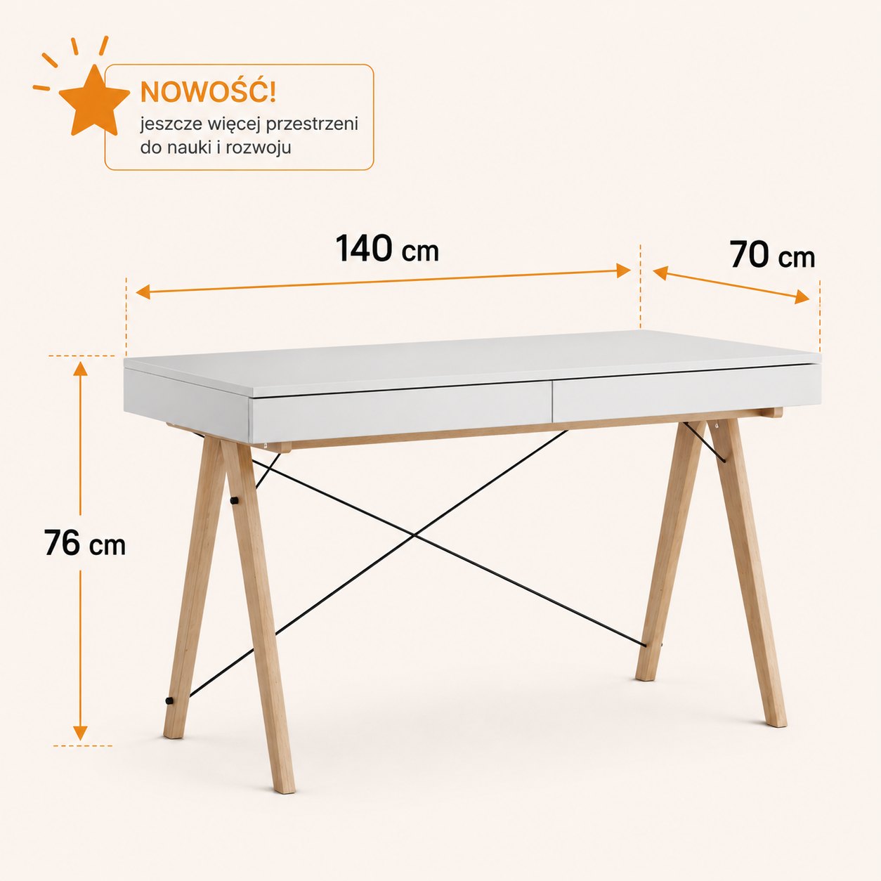140 x 70 cm x wysokość 76cm – bardzo komfortowa przestrzeń do nauki i pracy