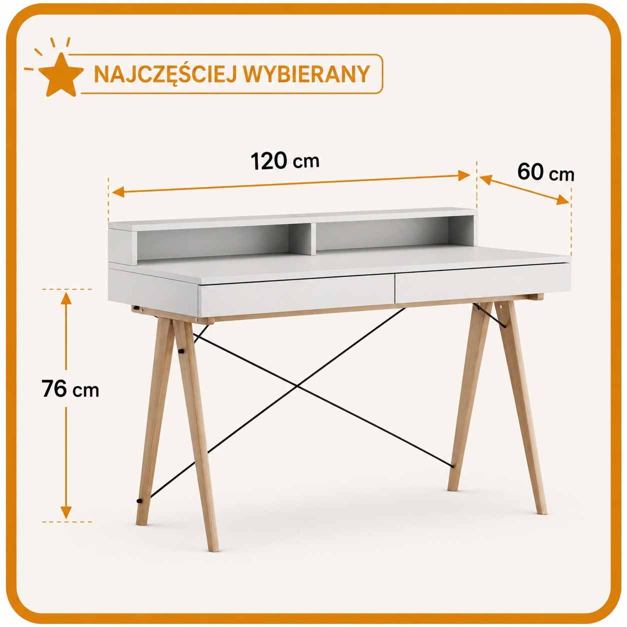 Biurko BASIC z nadstawką o wymiarach 120 × 60 cm i wysokości 76 cm. Funkcjonalne biurko do pokoju dziecka, nastolatka i domowego gabinetu z dodatkowymi półkami nad blatem.