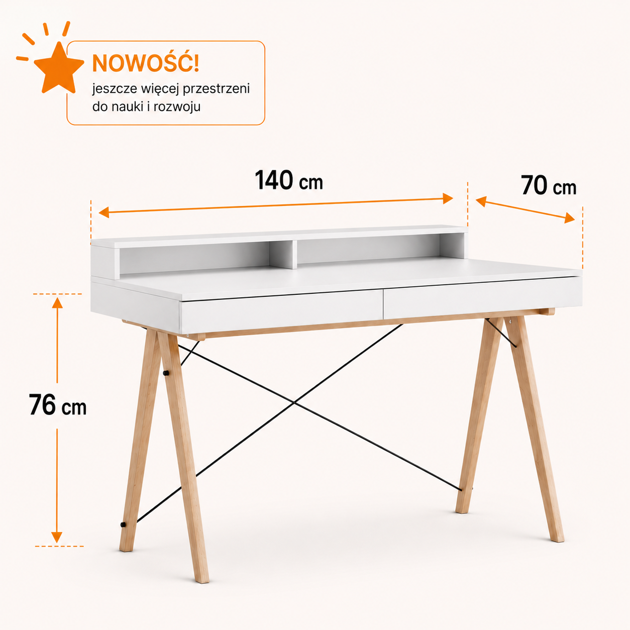 140 x 70 cm x wysokość 76cm – bardzo komfortowa przestrzeń do nauki i pracy