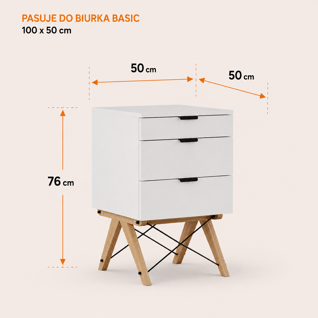 50 cm x 50 cm x wysokość 76 cm – kompaktowy, pasuje do biurka o głębokości 50 cm