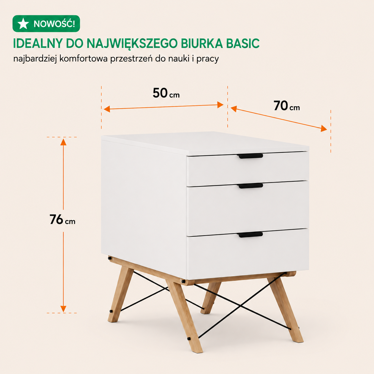 50 cm x 70 cm x wysokość 76 cm – najbardziej komfortowa przestrzeń do pracy, pasuje do biurka o głębokości 70 cm