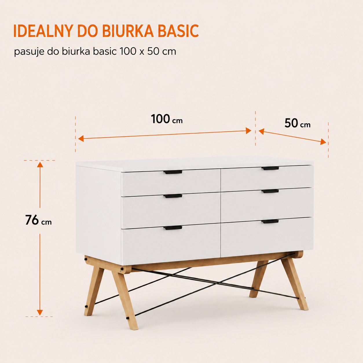 100 cm x 50 cm x wysokość 76 cm – pasuje do biurka o głębokości 50 cm