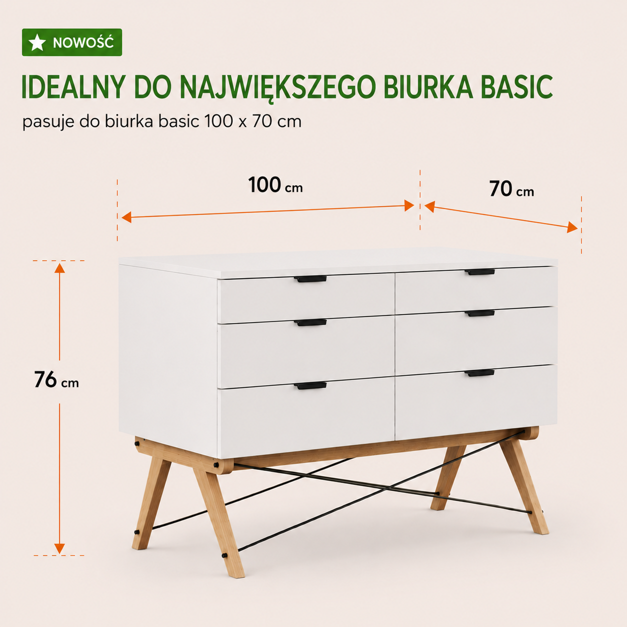 100 cm x 70 cm x wysokość 76 cm – ultra komfortowa przestrzeń do pracy, pasuje do biurka o głębokości 70 cm
