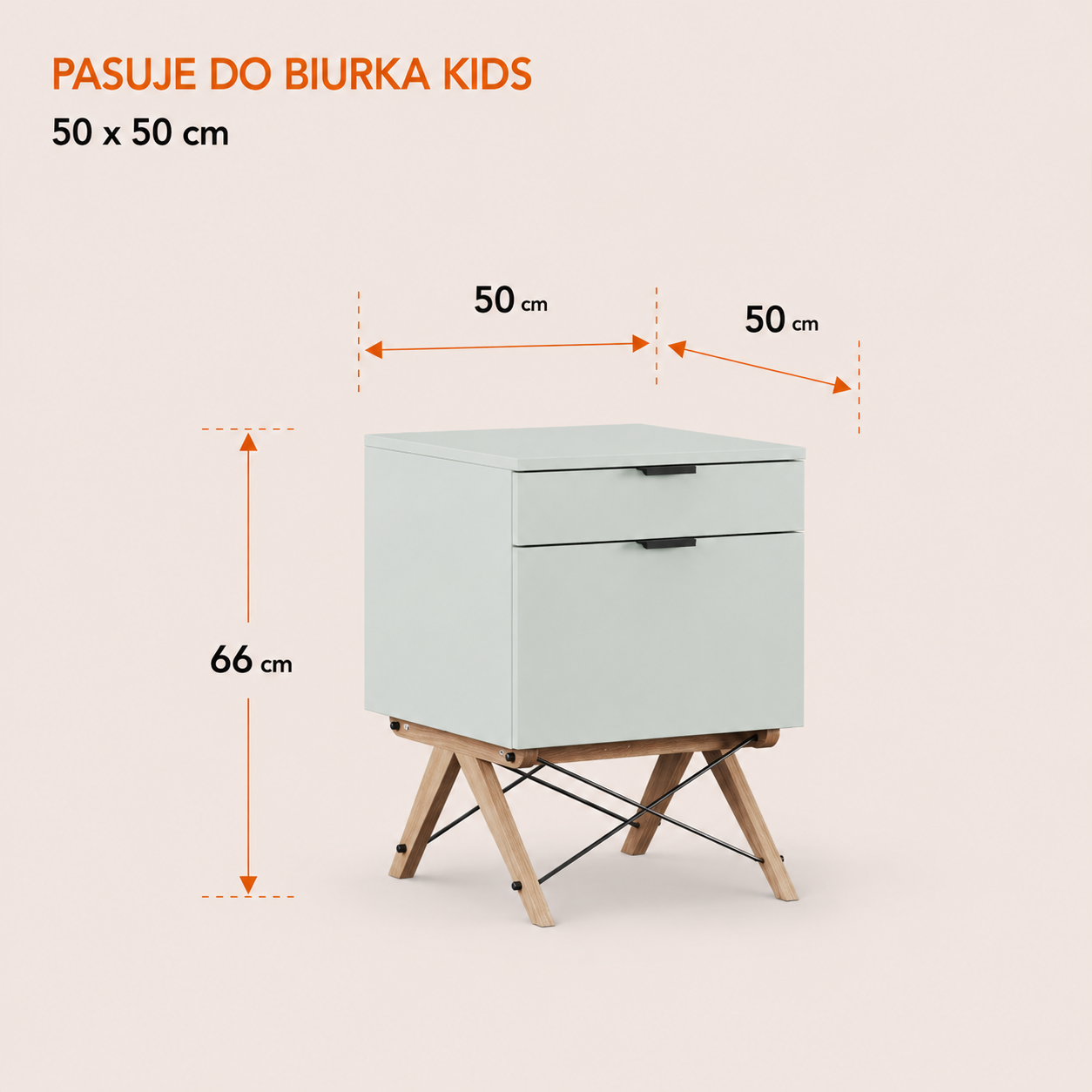 Kontenerek KIDS 50x50 cm z dwiema szufladami. Idealnie pasuje do biurka KIDS, pomagając utrzymać porządek w pokoju dziecka. Stylowe dębowe nogi i funkcjonalne przechowywanie.