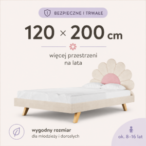 Duże łóżko dziecięce Stokrotka 120x200 z kwiatowym zagłówkiem. Grafika przedstawiająca rozmiar.