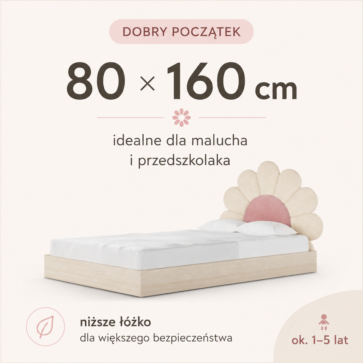 Łóżko dziecięce Stokrotka 80x160 dla malucha z kwiatowym zagłówkiem. Grafika przedstawiająca rozmiar.