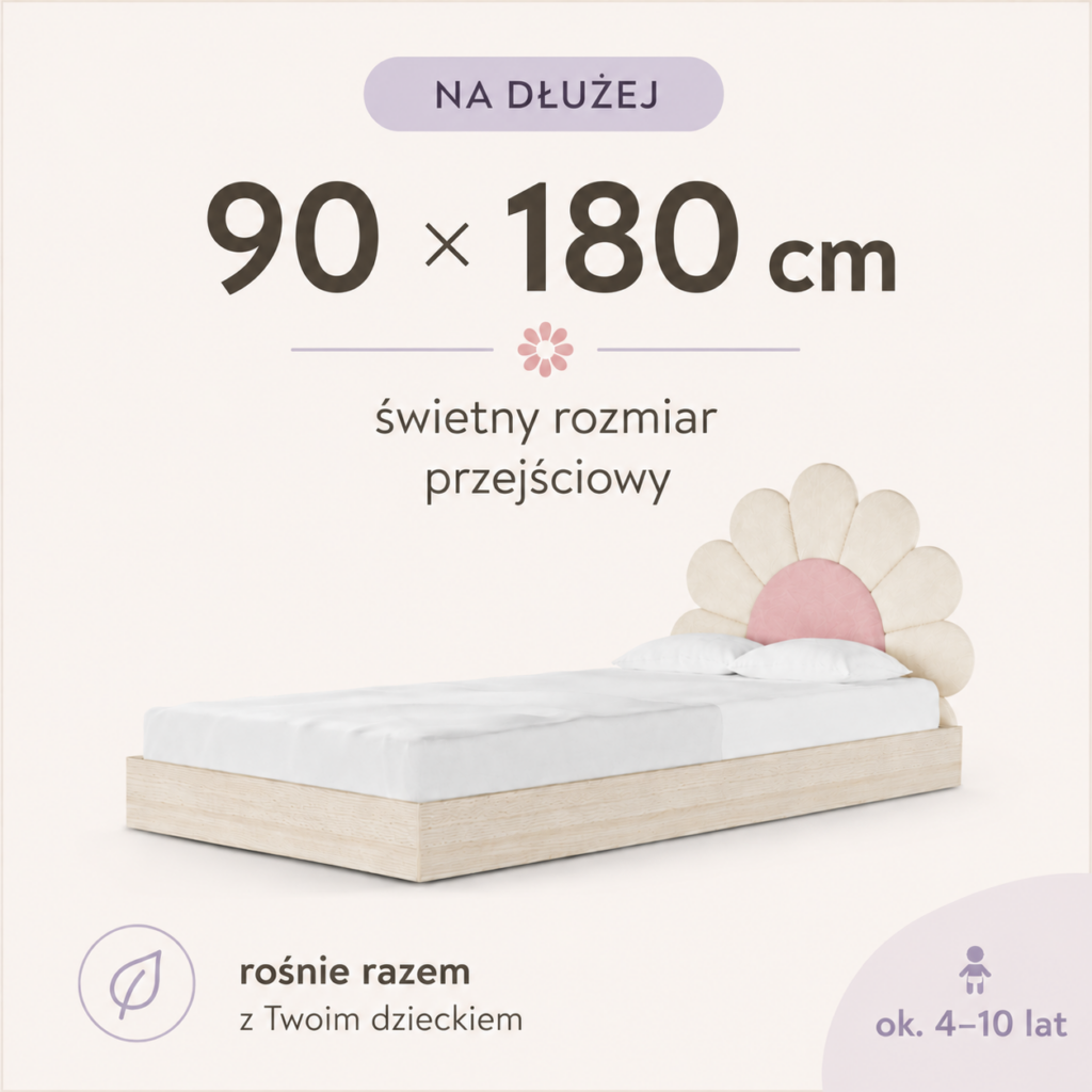 Łóżko dziecięce Stokrotka 90x180 dla rosnącego dziecka z kwiatowym zagłówkiem. Grafika przedstawiająca rozmiar.