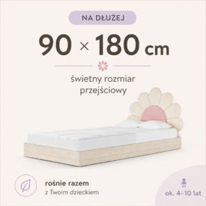 Łóżko dziecięce Stokrotka 90x180 dla rosnącego dziecka z kwiatowym zagłówkiem. Grafika przedstawiająca rozmiar.