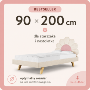 Łóżko dziecięce i młodzieżowe Stokrotka 90x200 z kwiatowym zagłówkiem. Grafika przedstawiająca rozmiar.