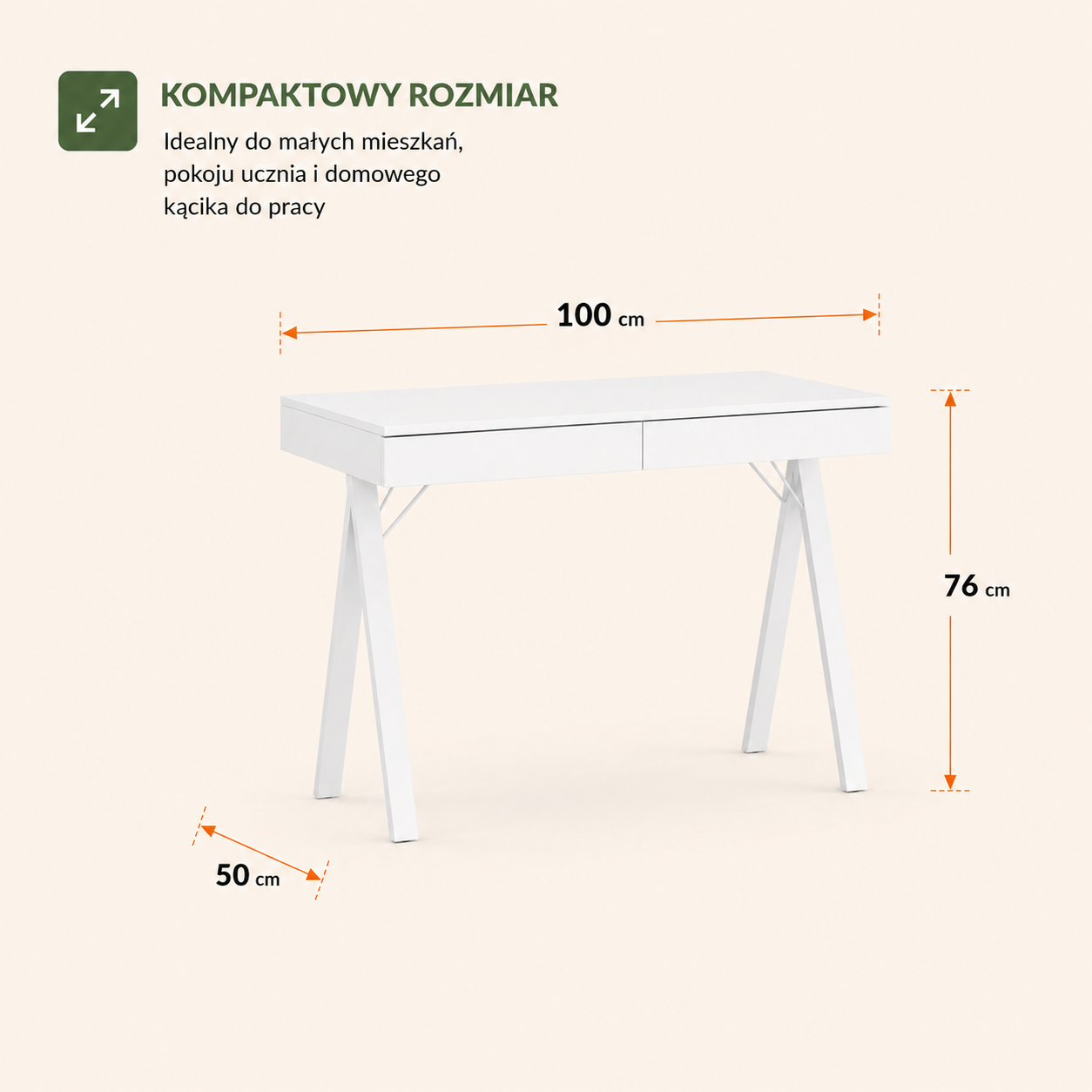 100 x 50 cm x wysokość 76cm – kompaktowe biurko na lekkich nogach